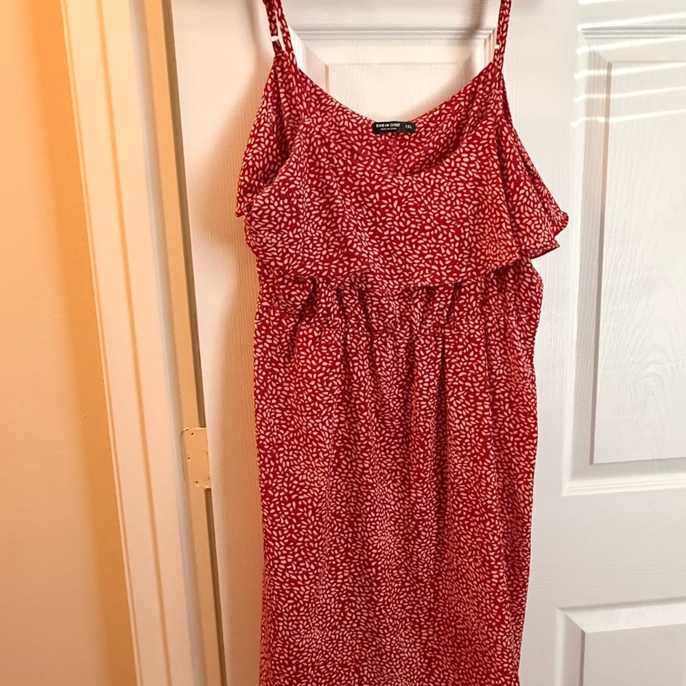 SHEIN Red and White Spotted Midi Dress
